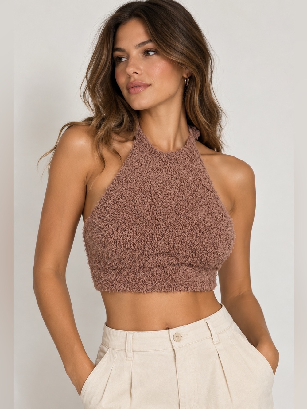 SKIMS S/M Mauve Teddy Fuzzy Halter Crop Top Open Back Tie Neck